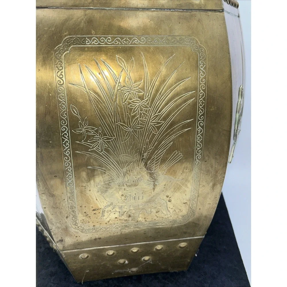 Vintage Brass Chinese Garden Stool Seat, Mid-Century Hollywood Regency Look